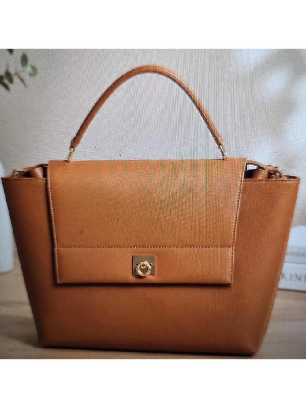 Glitzy Cognac Brown Structured Satchel Crossbody Handbag NWT